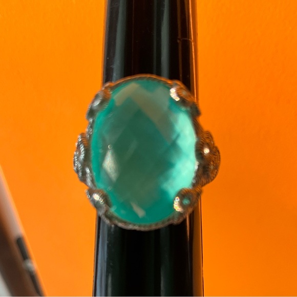 Judith Ripka Sterling Oval Turquoise and Quartz Doublet Cocktail Ring 5.75 - Picture 15 of 16